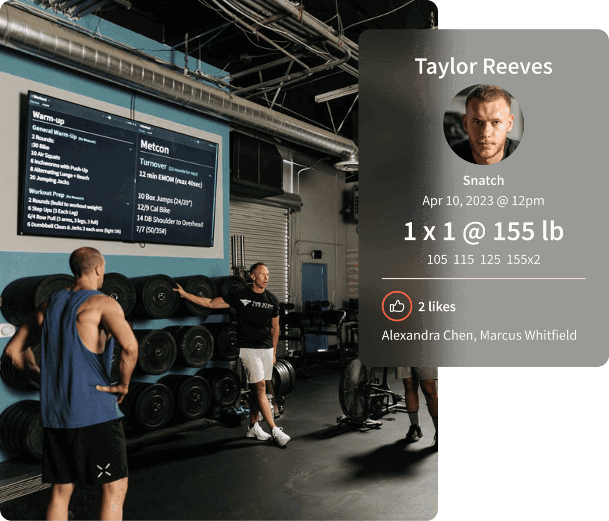 Men in a gym, one looking at a workout displayed on a screen.