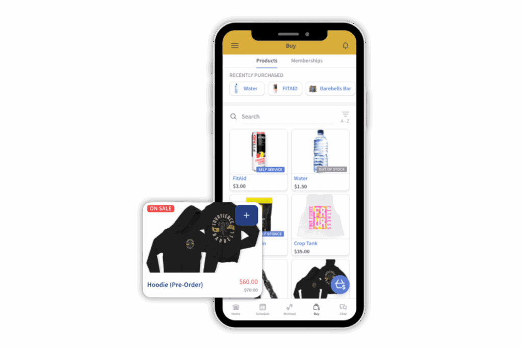 A Wodify mobile app screen displays a gym's online store with a hoodie product card highlighted.