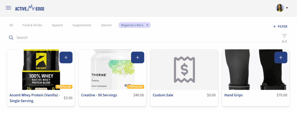 Online store displays fitness products like protein powder, creatine, and hand grips, with Reganne's Recs highlighted.