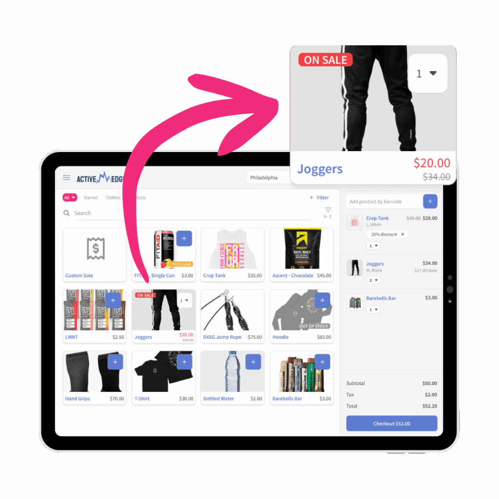 A tablet displays Wodify's online store interface, highlighting "Joggers" on sale with a pink arrow, demonstrating e-commerce functionality.